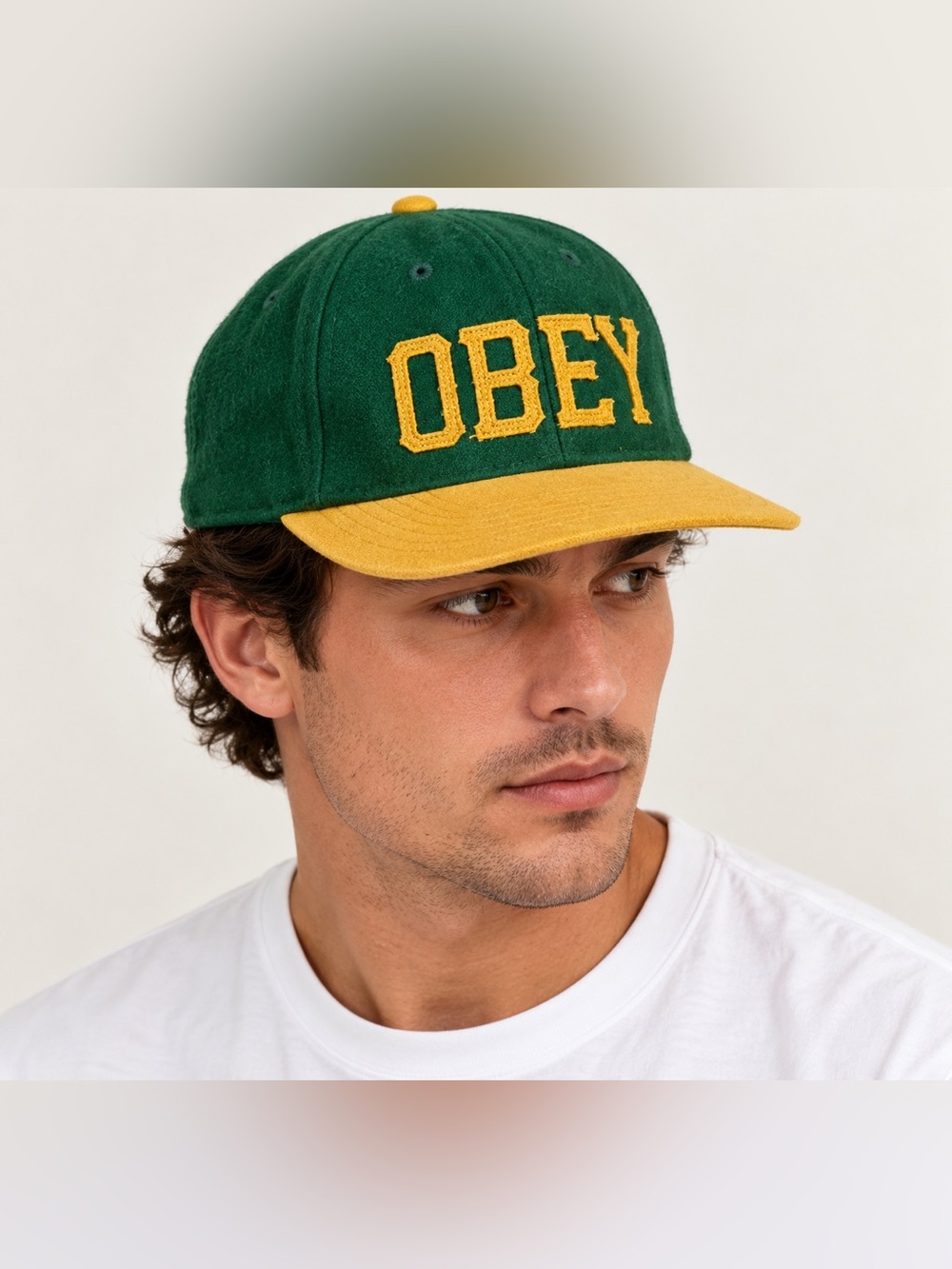 OBEY Afton 6 Panel Wool Green Gold Felt Logo Leather Strapback Hat